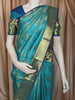 Turquoise Blue Geometric Zari Woven Design Pure Kanchipuram Silk Bridal Saree with Contrast Navy Blue Zari Border