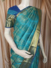 Turquoise Blue Geometric Zari Woven Design Pure Kanchipuram Silk Bridal Saree with Contrast Navy Blue Zari Border