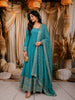 Turquoise Blue Leaf Mirror and Zari Embroidered Design Georgette Long Anarakli Gown with Matching Dupatta
