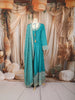 Turquoise Blue Leaf Mirror and Zari Embroidered Design Georgette Long Anarakli Gown with Matching Dupatta