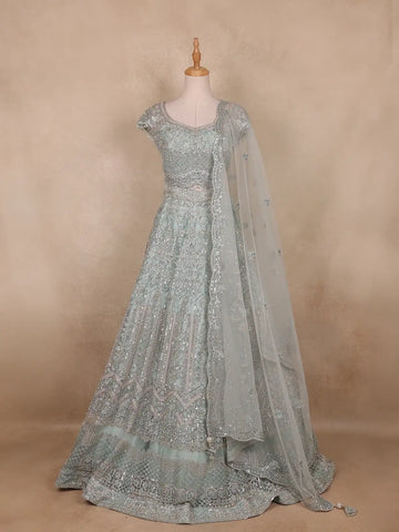 Turquoise Blue Sequins And Beads Embroidered Net Bridal Lehenga Set With Dupatta - Diadem