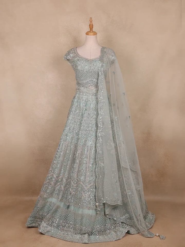 Turquoise Blue Sequins And Beads Embroidered Net Bridal Lehenga Set With Dupatta - Diadem