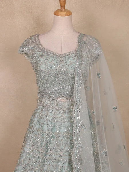 Turquoise Blue Sequins And Beads Embroidered Net Bridal Lehenga Set With Dupatta - Diadem