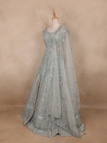 Turquoise Blue Sequins And Beads Embroidered Net Bridal Lehenga Set With Dupatta - Diadem