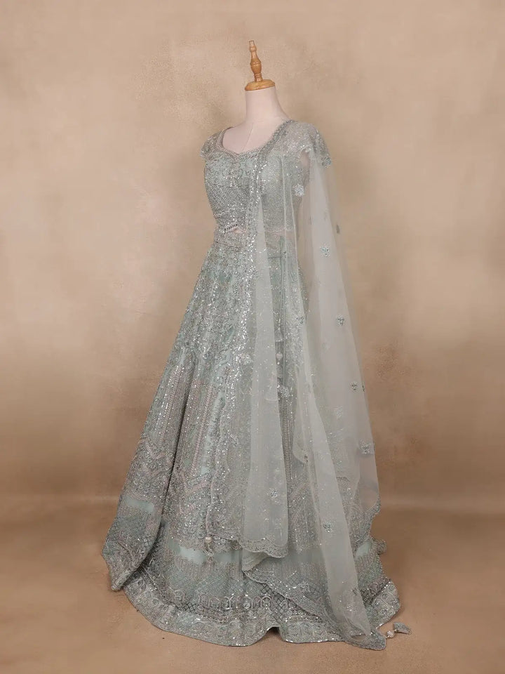 Turquoise Blue Sequins And Beads Embroidered Net Bridal Lehenga Set With Dupatta - Diadem