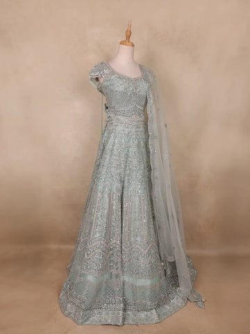 Turquoise Blue Sequins And Beads Embroidered Net Bridal Lehenga Set With Dupatta - Diadem