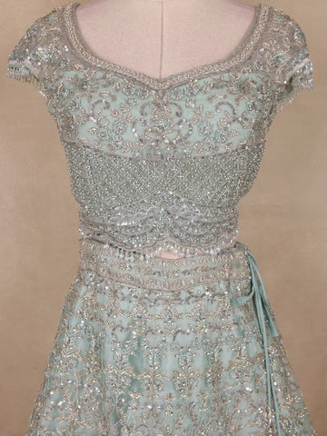 Turquoise Blue Sequins And Beads Embroidered Net Bridal Lehenga Set With Dupatta - Diadem