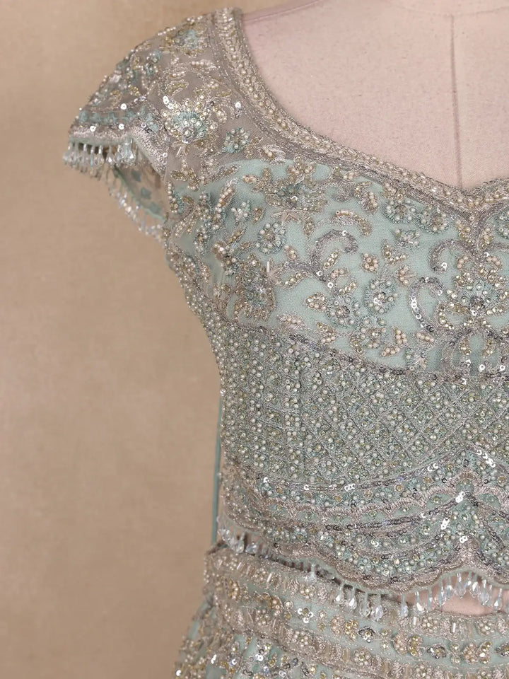 Turquoise Blue Sequins And Beads Embroidered Net Bridal Lehenga Set With Dupatta - Diadem