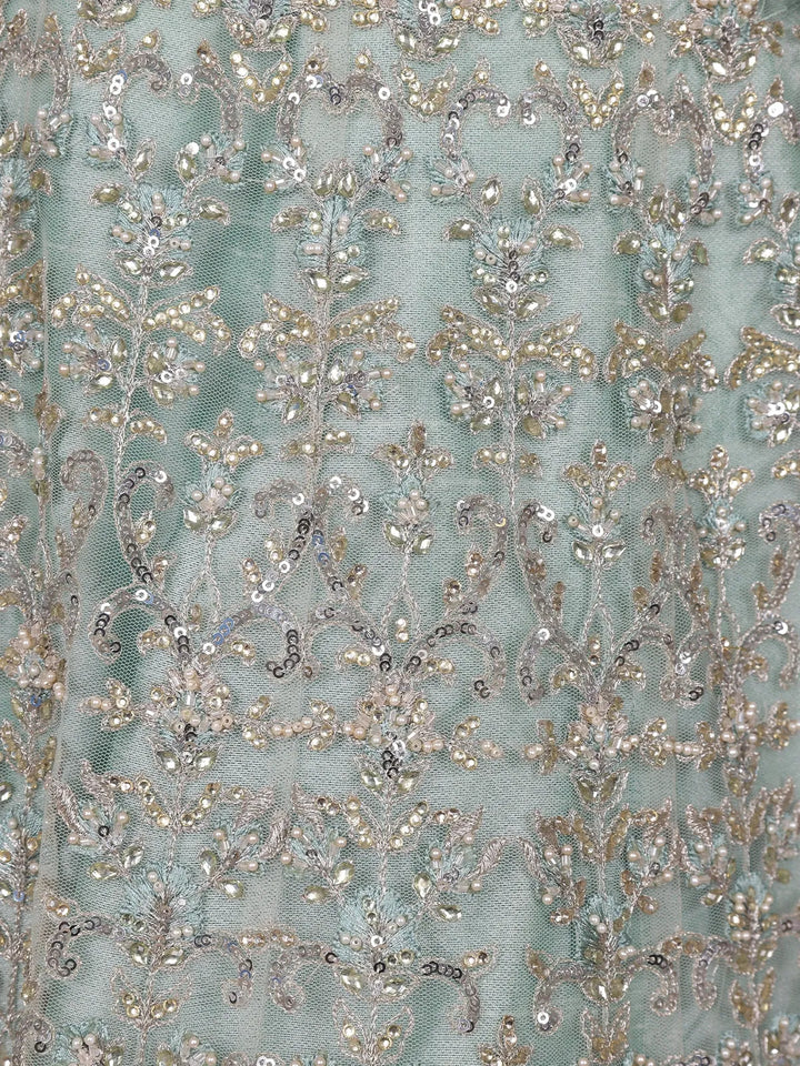 Turquoise Blue Sequins And Beads Embroidered Net Bridal Lehenga Set With Dupatta - Diadem