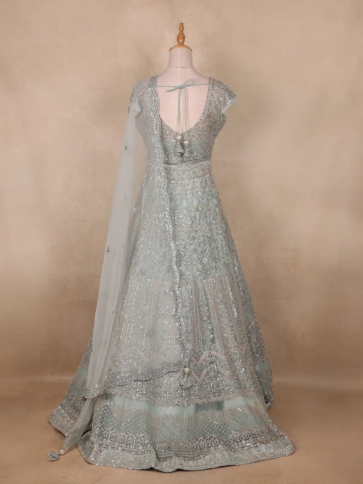 Turquoise Blue Sequins And Beads Embroidered Net Bridal Lehenga Set With Dupatta - Diadem