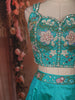 Turquoise Blue Floral Thread and Beads Embroidered Design Silk Lehenga with Dupatta