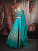 Turquoise Blue Floral Thread and Beads Embroidered Design Silk Lehenga with Dupatta