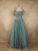Turquoise Green Sequins Embellished Design Net Ball Gown with Puff Sleeves