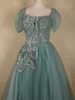 Turquoise Green Sequins Embellished Design Net Ball Gown with Puff Sleeves