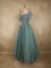 Turquoise Green Sequins Embellished Design Net Ball Gown with Puff Sleeves