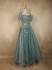 Turquoise Green Sequins Embellished Design Net Ball Gown with Puff Sleeves