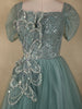 Turquoise Green Sequins Embellished Design Net Ball Gown with Puff Sleeves