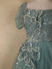 Turquoise Green Sequins Embellished Design Net Ball Gown with Puff Sleeves