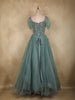 Turquoise Green Sequins Embellished Design Net Ball Gown with Puff Sleeves