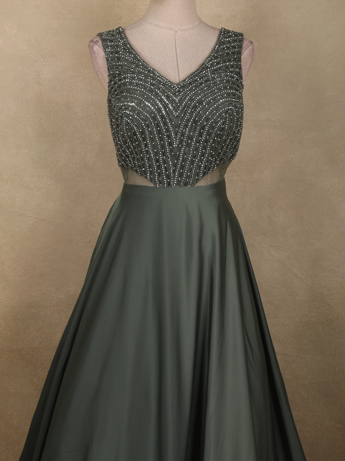 Turquoise Green Stone and Beads Embroidered Design Satin Partywear Gown