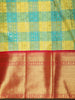 Turquoise Green and Sunshine Yellow Checked Woven Design Pure Kanchipuram Silk Saree with Contrast Zari Border