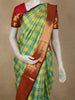 Turquoise Green and Sunshine Yellow Checked Woven Design Pure Kanchipuram Silk Saree with Contrast Zari Border