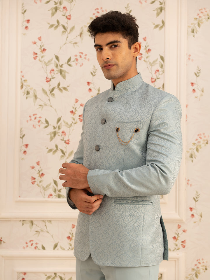 Turquoise Green paisley Design Viscose Men's Suit - Diadem