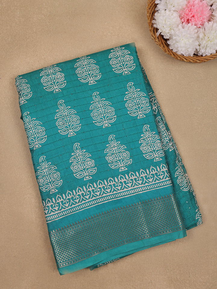 Turquoise Blue Floral Designed Cotton Saree - Diadem
