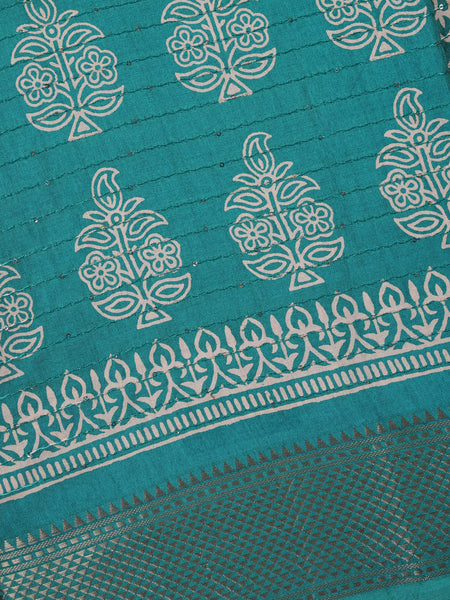 Turquoise Blue Floral Designed Cotton Saree - Diadem