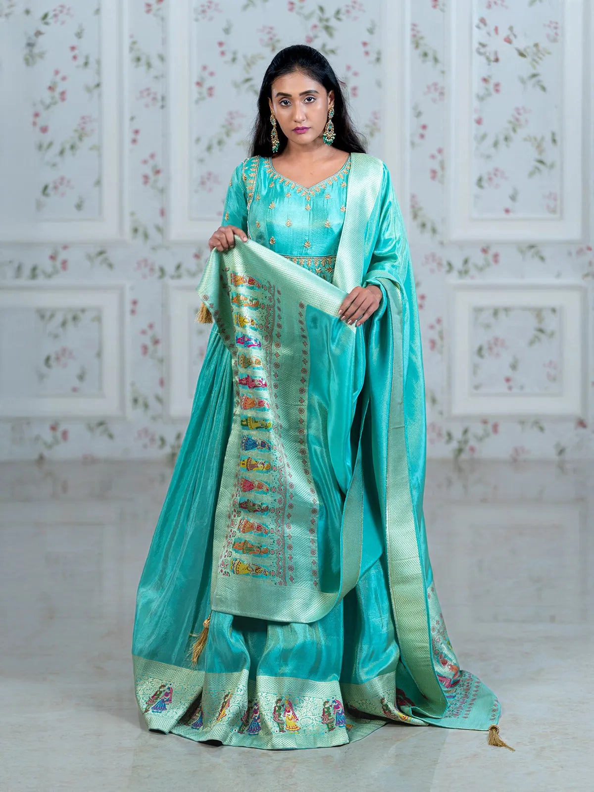 Turquoise Blue Floral Embroidery Semi Silk Partywear Gown - Diadem