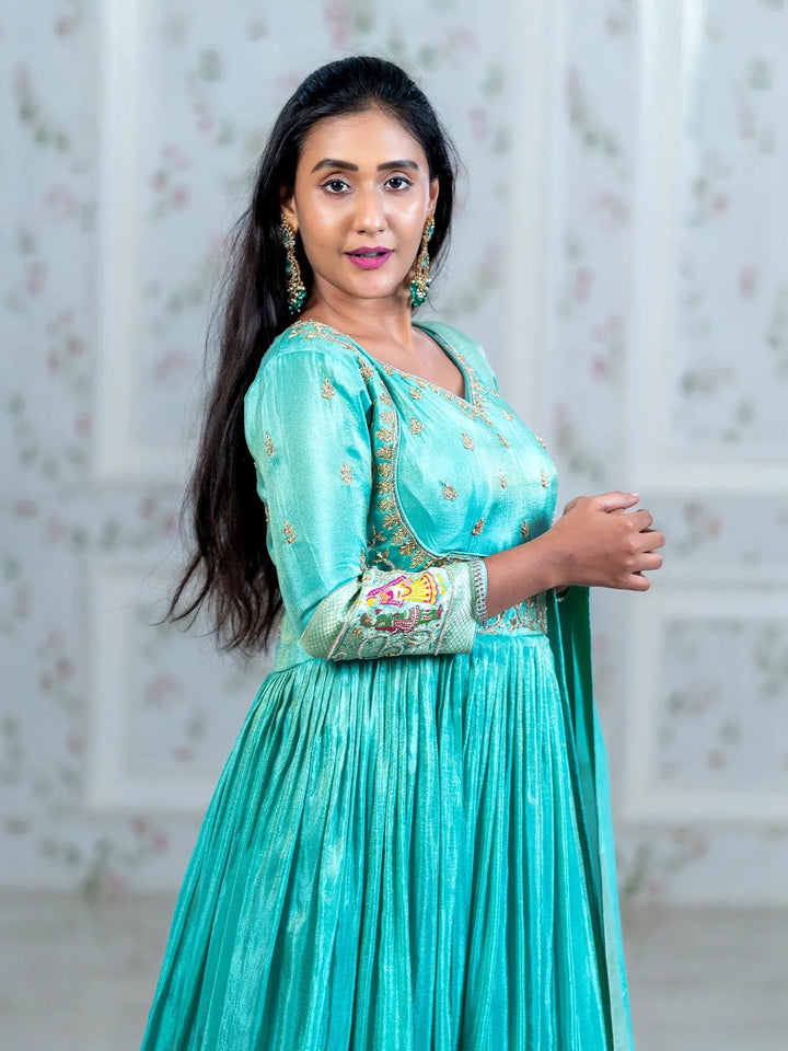 Turquoise Blue Floral Embroidery Semi Silk Partywear Gown - Diadem
