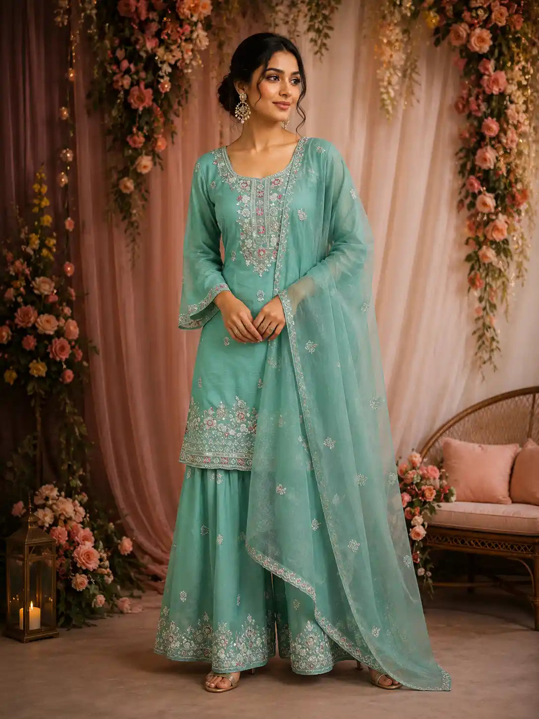Turquoise Blue Floral Sequins Embroidered Tissue Silk Sharara Suit With Dupatta