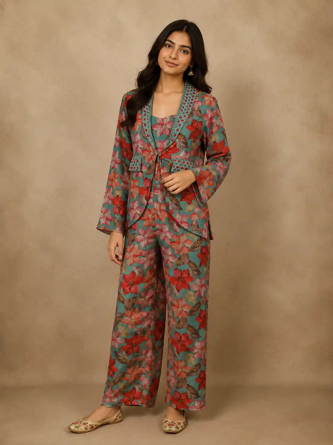 Turquoise Green Floral Printed Design Crepe Suit for Women