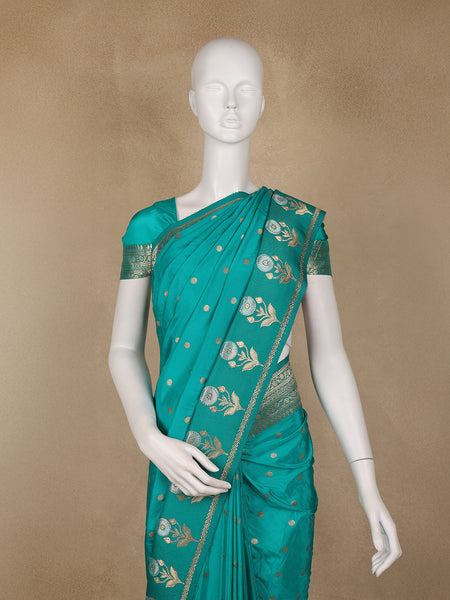 Turquoise Green Floral Woven Banarasi Silk Saree - Diadem
