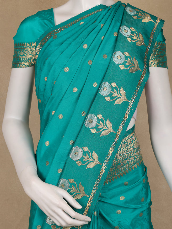 Turquoise Green Floral Woven Banarasi Silk Saree - Diadem