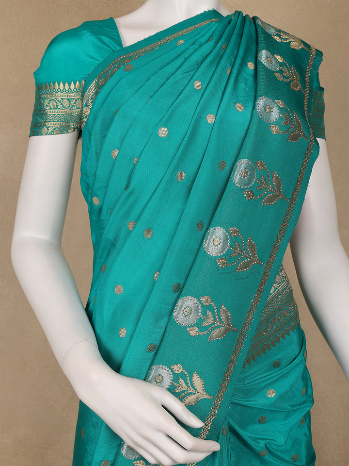 Turquoise Green Floral Woven Banarasi Silk Saree - Diadem