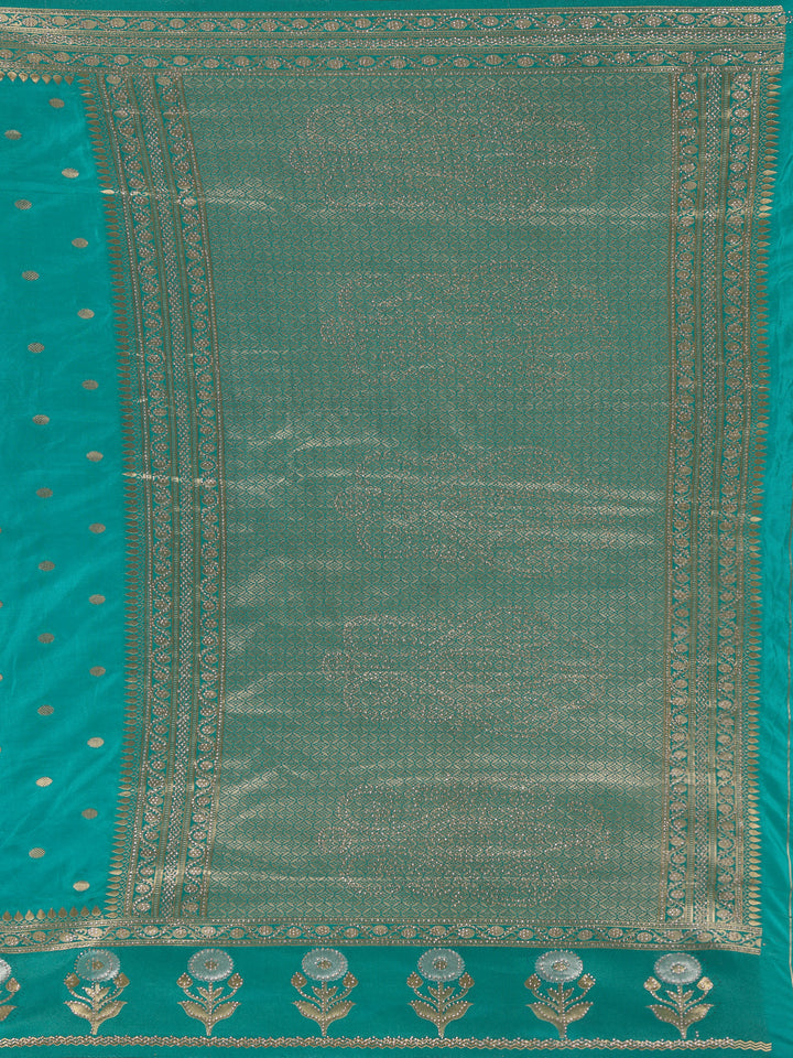 Turquoise Green Floral Woven Banarasi Silk Saree - Diadem