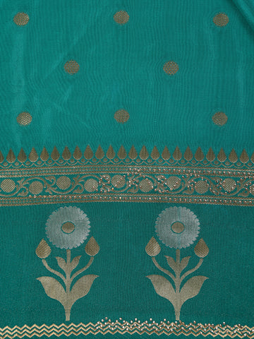 Turquoise Green Floral Woven Banarasi Silk Saree - Diadem