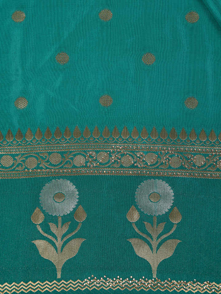 Turquoise Green Floral Woven Banarasi Silk Saree - Diadem
