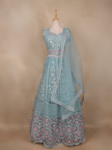 Turquoise Green Net Mirror And Floral Embroidery Bridal Lehenga - Diadem