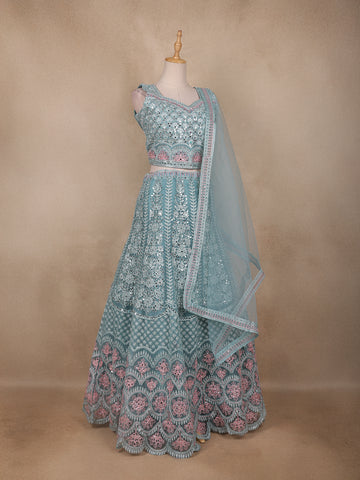 Turquoise Green Net Mirror And Floral Embroidery Bridal Lehenga - Diadem