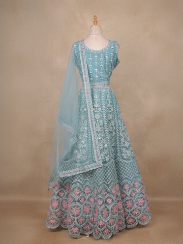 Turquoise Green Net Mirror And Floral Embroidery Bridal Lehenga - Diadem