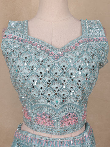 Turquoise Green Net Mirror And Floral Embroidery Bridal Lehenga - Diadem