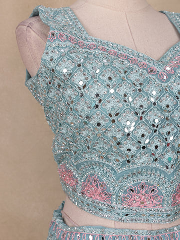 Turquoise Green Net Mirror And Floral Embroidery Bridal Lehenga - Diadem