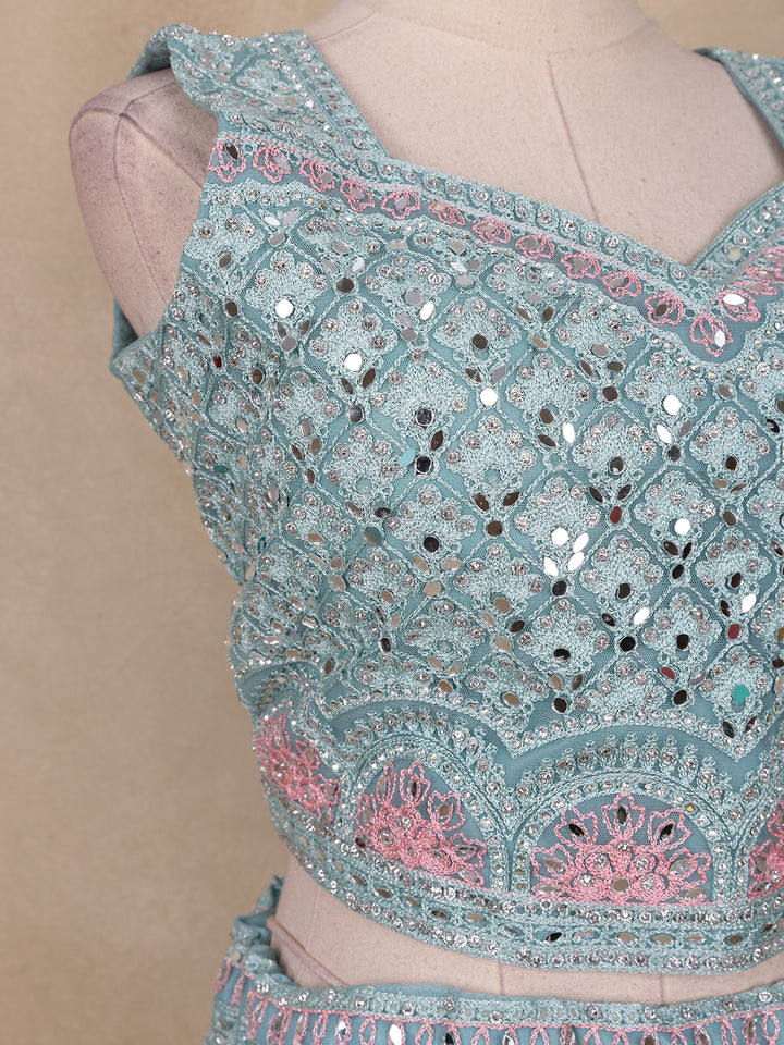 Turquoise Green Net Mirror And Floral Embroidery Bridal Lehenga - Diadem