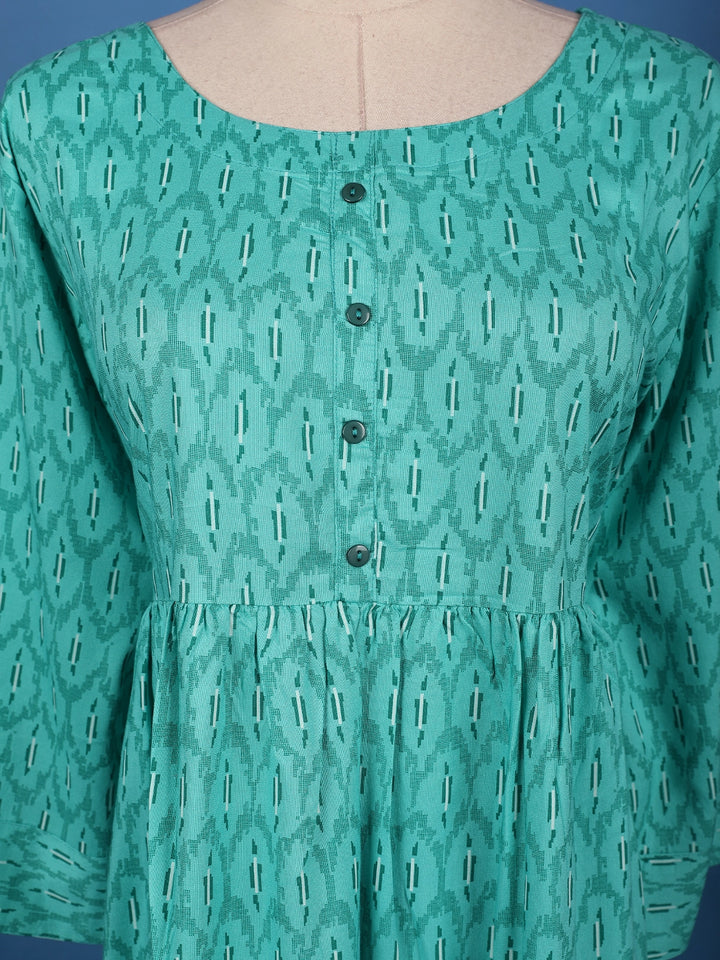 Turquoise Green with Ikat-Inspired Print Rayon Kurti - Diadem