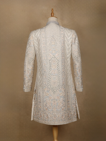 Cream Floral Embroidered Cotton Sherwani Suit - Diadem