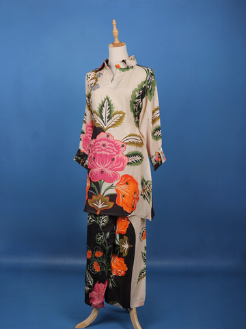 Light Beige Floral Printed Cotton Palazzo Suit - Diadem
