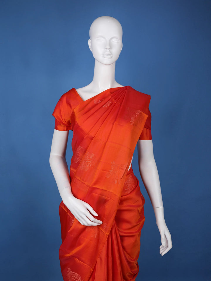 Vermilion Red Floral Design Zari Woven Soft Silk Saree - Diadem