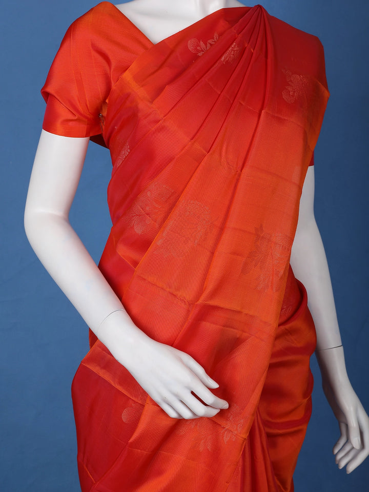Vermilion Red Floral Design Zari Woven Soft Silk Saree - Diadem